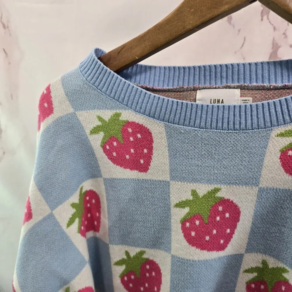 Luna Ivy Sweater Girls Medium Blue Pink Strawbery Checkered Crew T8665